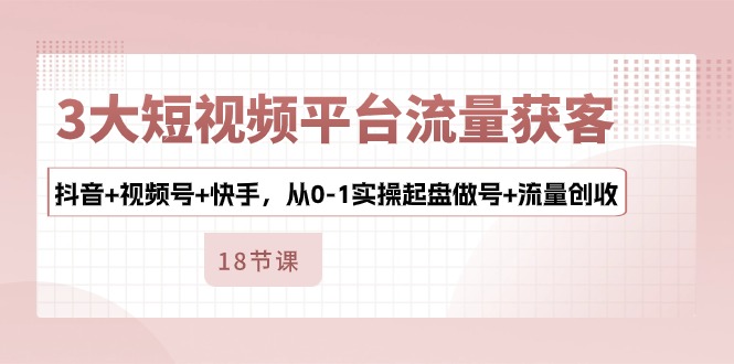 3大短视频平台流量获客，抖音+视频号+快手，从0-1实操起盘做号+流量创收-有道网创