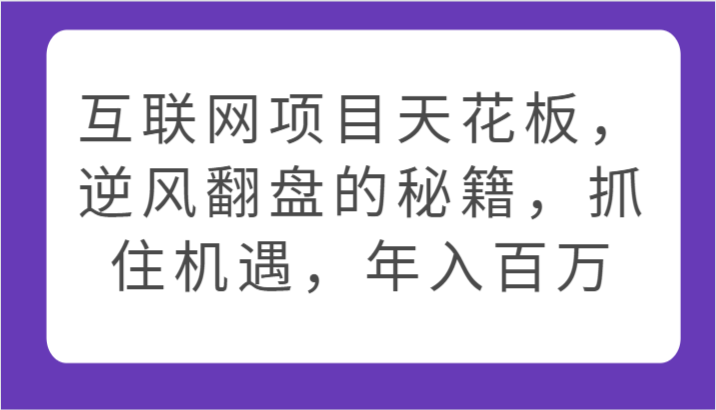 互联网项目天花板，逆风翻盘的秘籍，抓住机遇，年入百万-有道网创