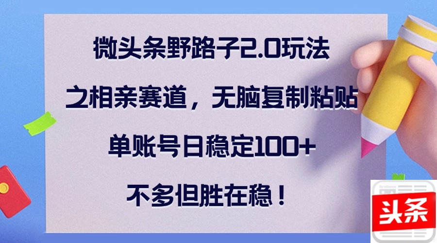 微头条野路子2.0玩法之相亲赛道，无脑复制粘贴，单账号日稳定100+，不…-有道网创