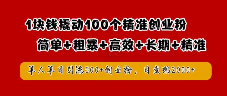 1块钱撬动100个精准创业粉，简单粗暴高效长期精准，单人单日引流500+创业粉，日变现2k【揭秘】-有道网创